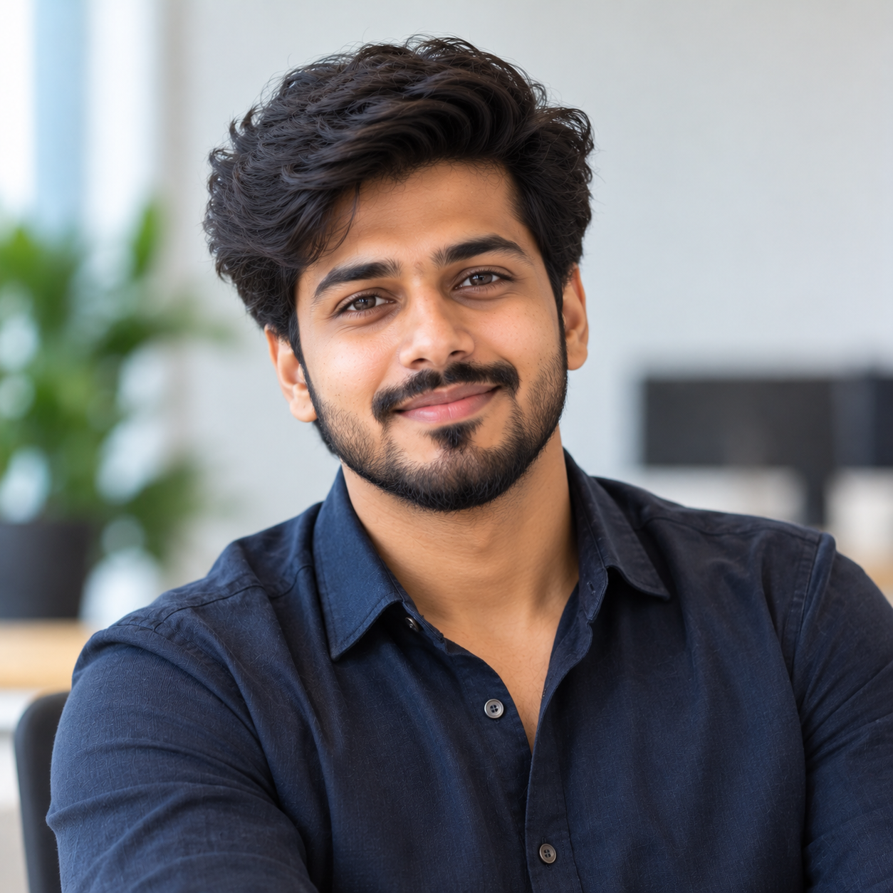 Portrait of a MADCURVE team member in a navy shirt at the office