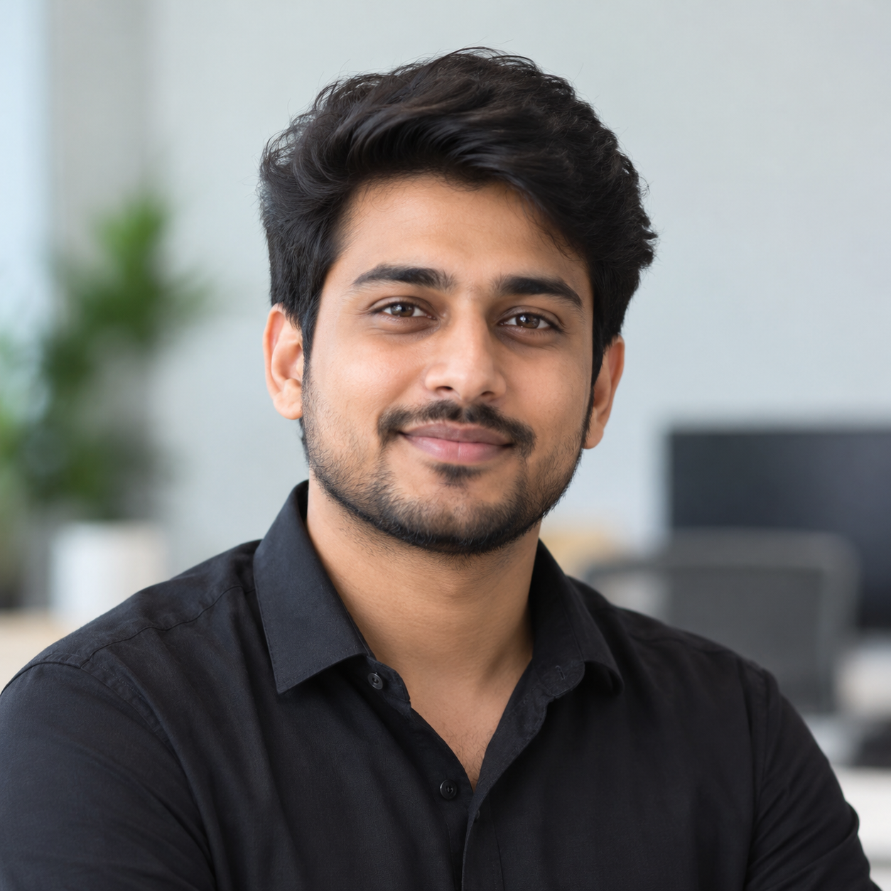 Portrait of a MADCURVE team member in a black shirt at the office