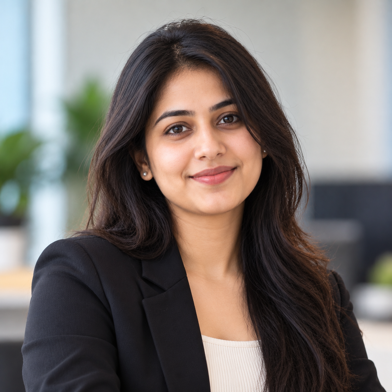 Portrait of a MADCURVE team member in a black blazer at the office